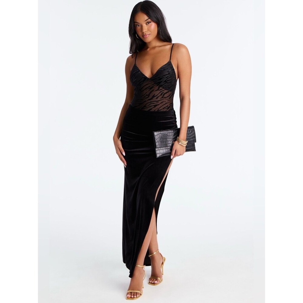 Fashion Nova Black Velvet Maxi Skirt XS S NWT High Slit Ruched High Waist
